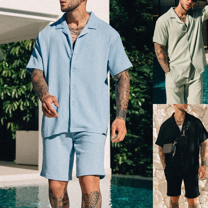 Men's Textured Short Sleeve Shirt Shorts Set – Cuban Collar Button