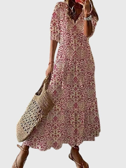 Women's Boho Vintage Maxi Dress V-Neck – Short Sleeve Summer Style