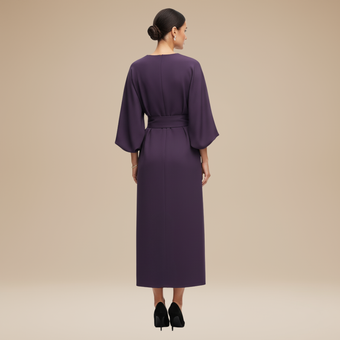 Women's Belted Wrap Midi Dress – Wide Flowing Sleeves Draped Waist