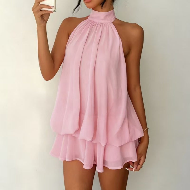 Women's Chiffon Mini Dress – Tiered Ruffle Halter Neck