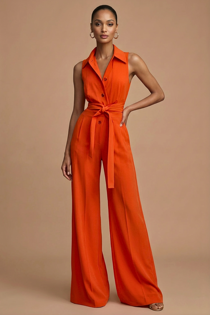 Women's Wide Leg Jumpsuit Sleeveless Collar Neck – Button Front Tie