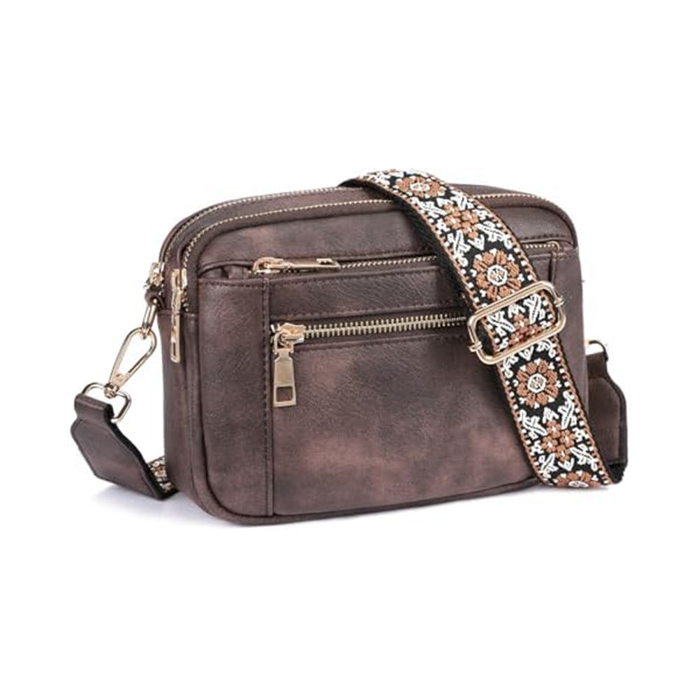 Women's Colorblock Crossbody Bag – Triple Zipper Embroidered Strap