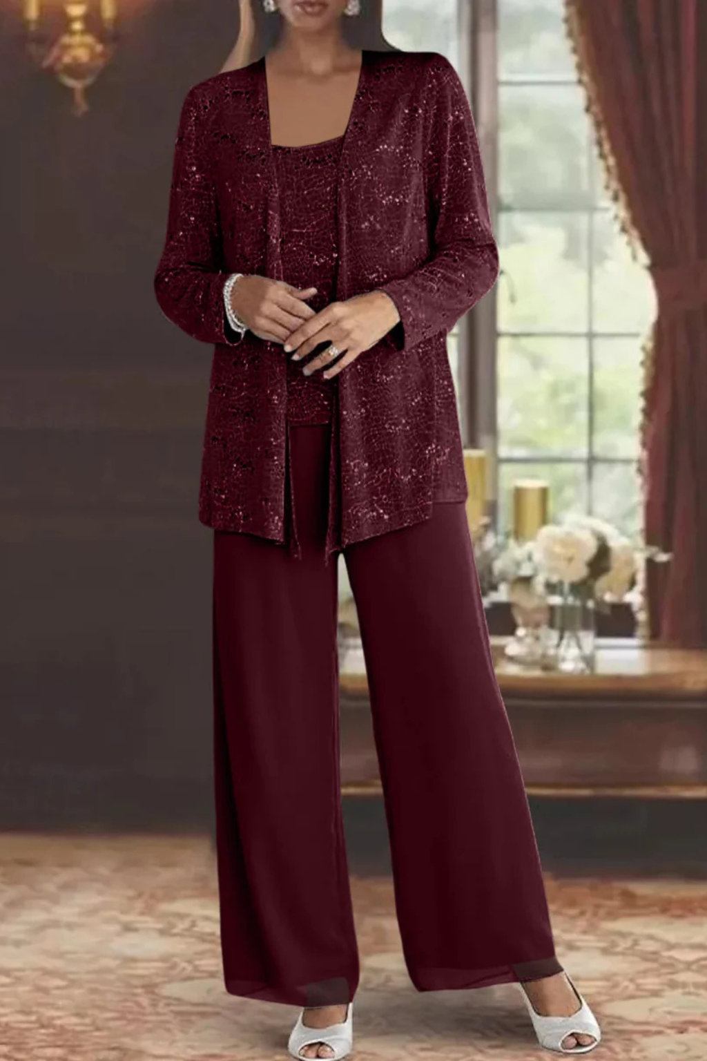 Sequin Lace Three-Piece Suit – Women's Wide Leg Trouser Set