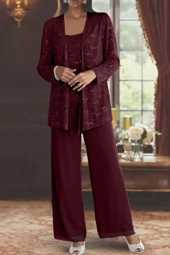 Sequin Lace Three-Piece Suit – Women's Wide Leg Trouser Set