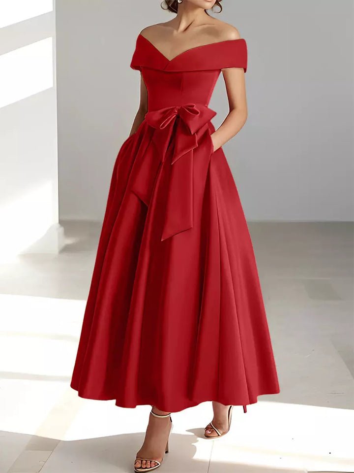 Mother of the Bride Dress Satin A-Line – Off-Shoulder Ankle Pockets