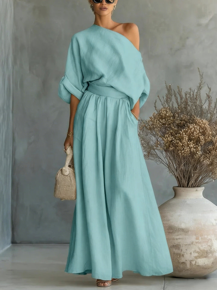 Linen Two Piece Set Women – Draped Blouse & Wide Leg Trousers