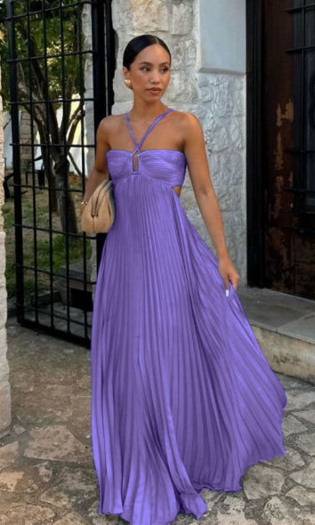 Women's Halter Backless Pleated Maxi Dress – Open Back