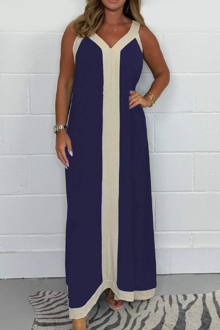 Women's Colorblock Maxi Dress – V-Neck, Contrast Stripe & Slit