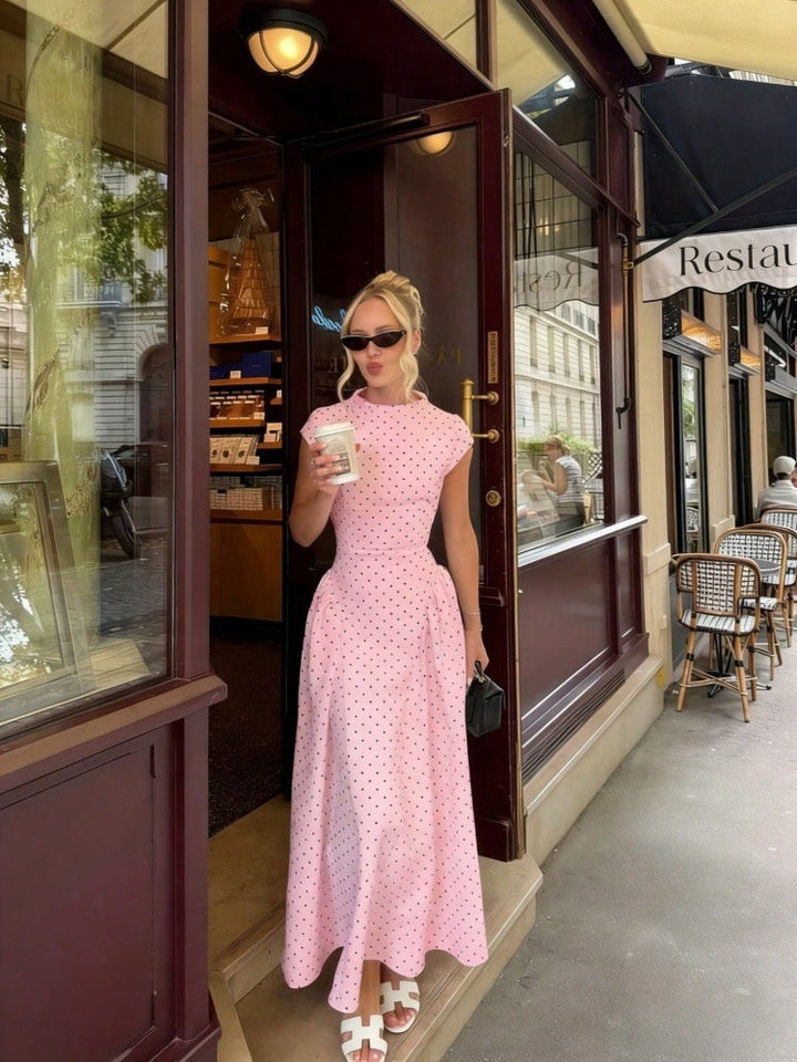 Women's Polka Dot Maxi Dress – High Neck Cap Sleeve A-Line