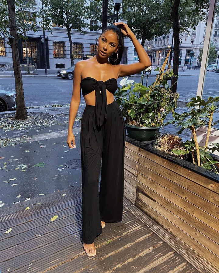 Two Piece Set Women – Strapless Pure Color Top & Pants Suit