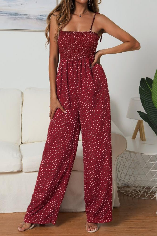 Women's Wide Leg Jumpsuit – Smocked Bodice & Spaghetti Straps