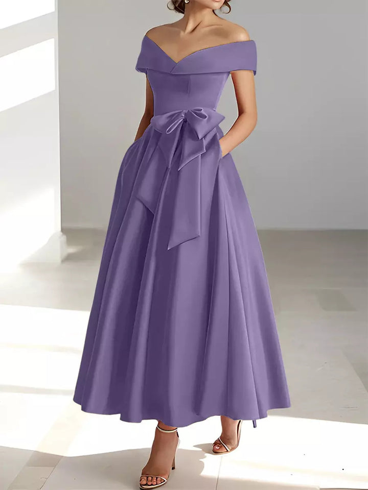 Mother of the Bride Dress Satin A-Line – Off-Shoulder Ankle Pockets
