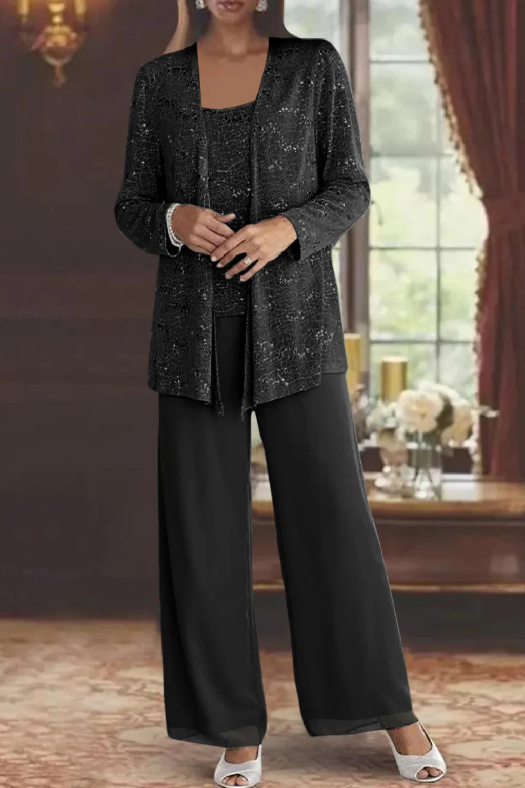 Sequin Lace Three-Piece Suit – Women's Wide Leg Trouser Set