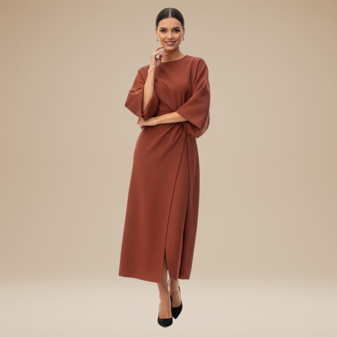 Women's Belted Wrap Midi Dress – Wide Flowing Sleeves Draped Waist