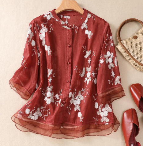 Embroidered Cotton Linen Women's Top Artisan Retro Heavy-Stitch Design