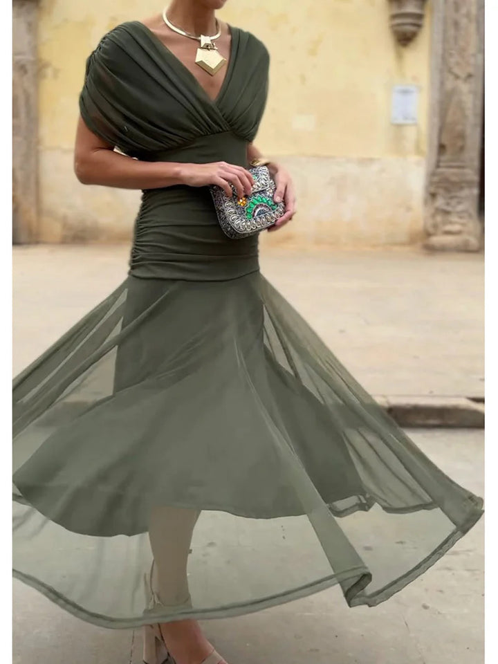 Wrap Maxi Dress – V-Neck Short Sleeve Sheer Detail