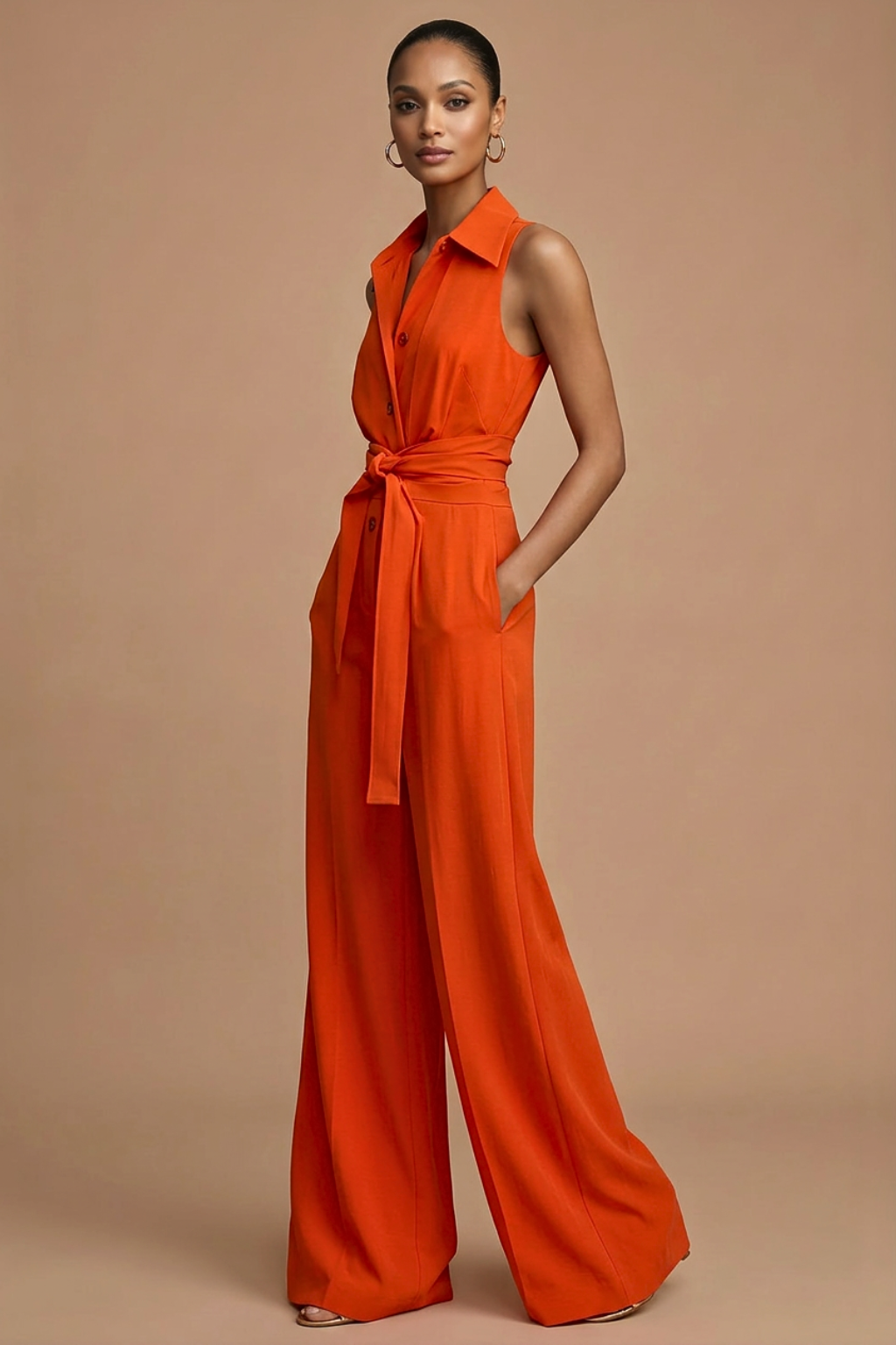 Women's Wide Leg Jumpsuit Sleeveless Collar Neck – Button Front Tie