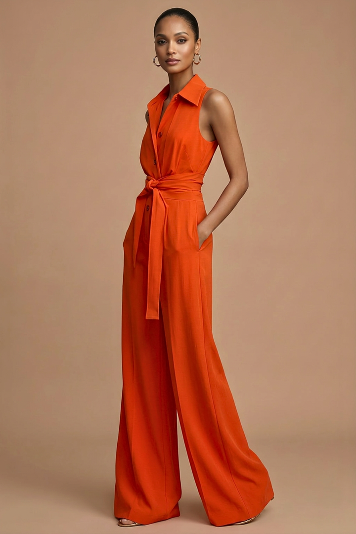 Women's Wide Leg Jumpsuit Sleeveless Collar Neck – Button Front Tie