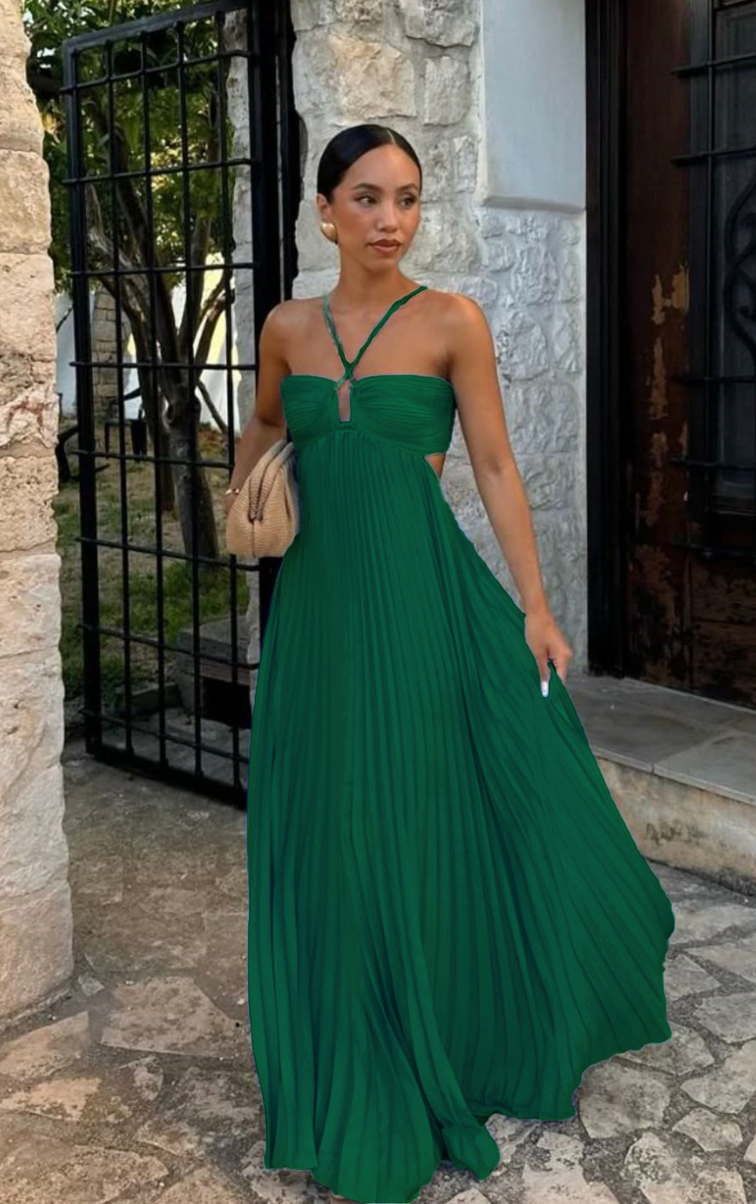 Women's Halter Backless Pleated Maxi Dress – Open Back