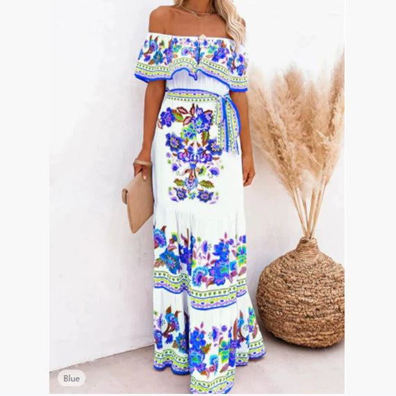 Floral Maxi Dress Off-Shoulder Belted – Boho Vacation Sweeping Hem