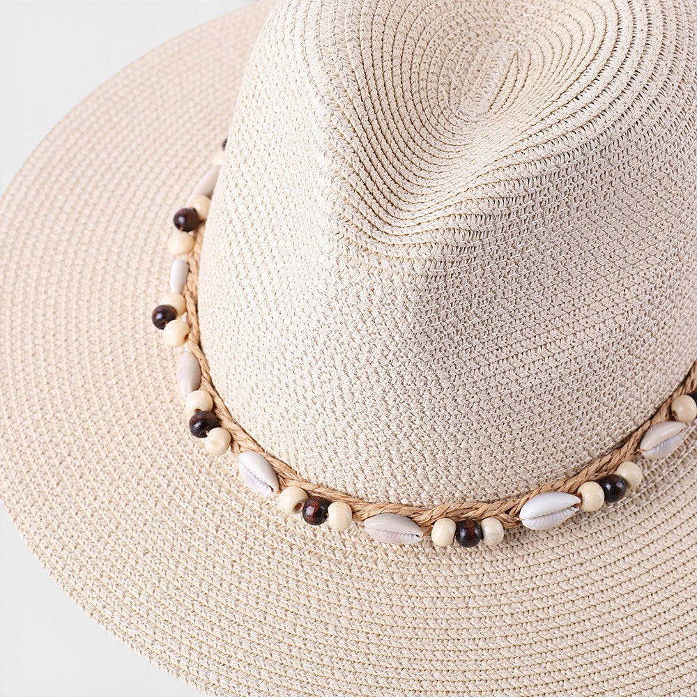 Women's Wide Brim Sun Hat – Shell & Wooden Bead Detail