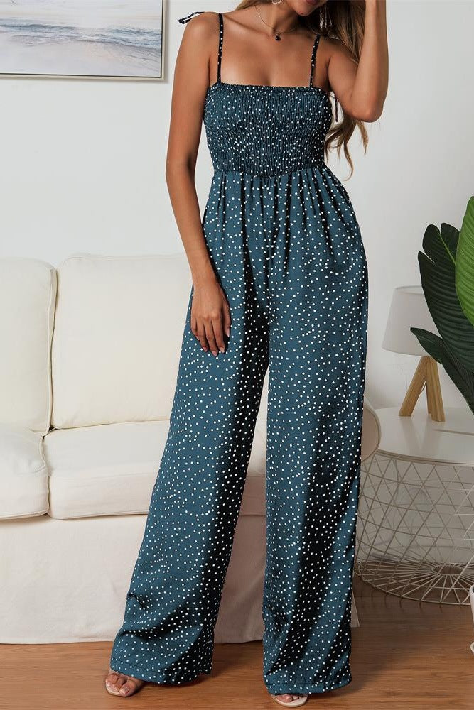 Women's Wide Leg Jumpsuit – Smocked Bodice & Spaghetti Straps