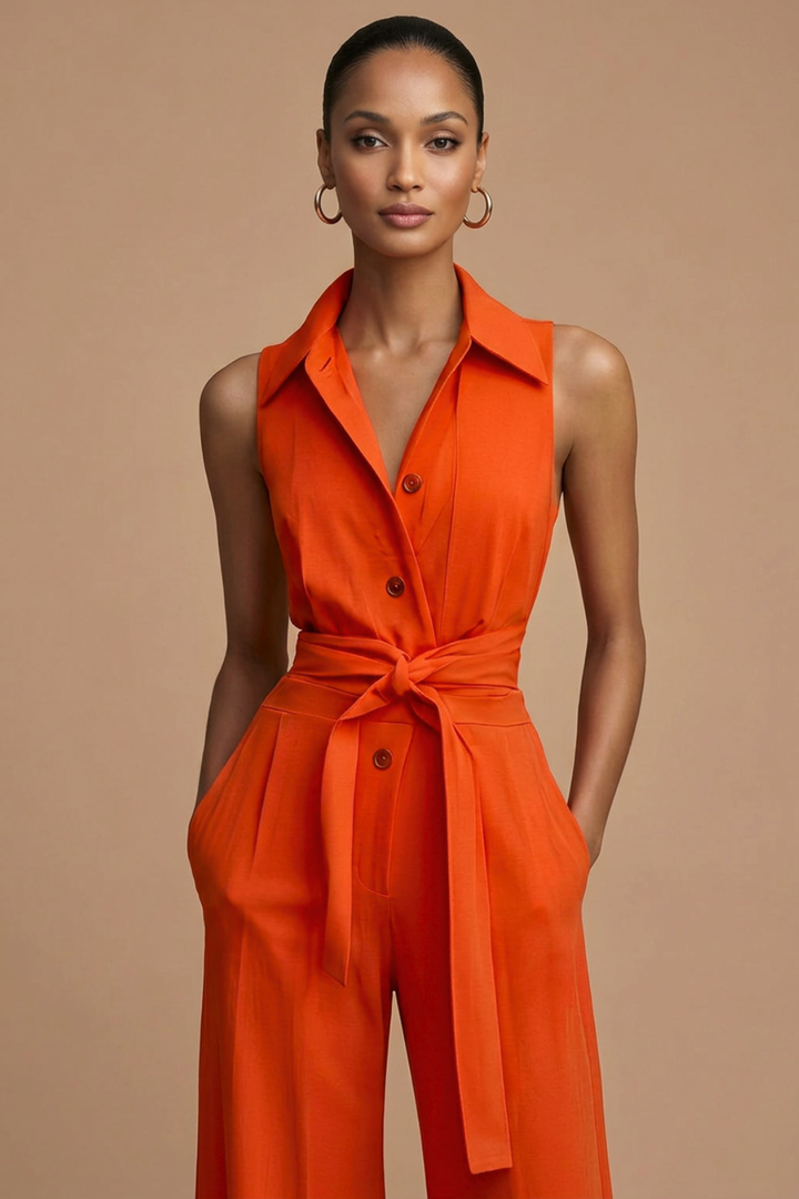 Women's Wide Leg Jumpsuit Sleeveless Collar Neck – Button Front Tie
