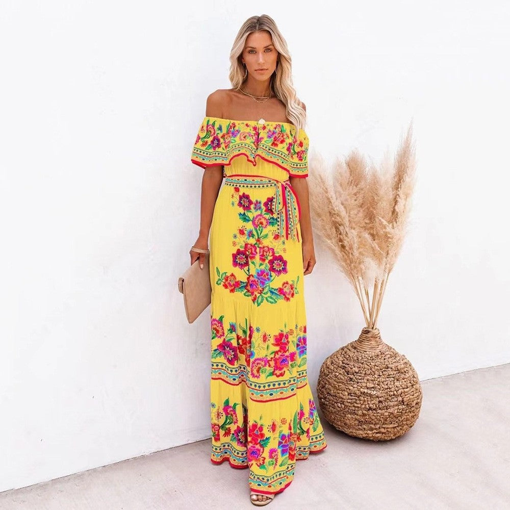 Floral Maxi Dress Off-Shoulder Belted – Boho Vacation Sweeping Hem