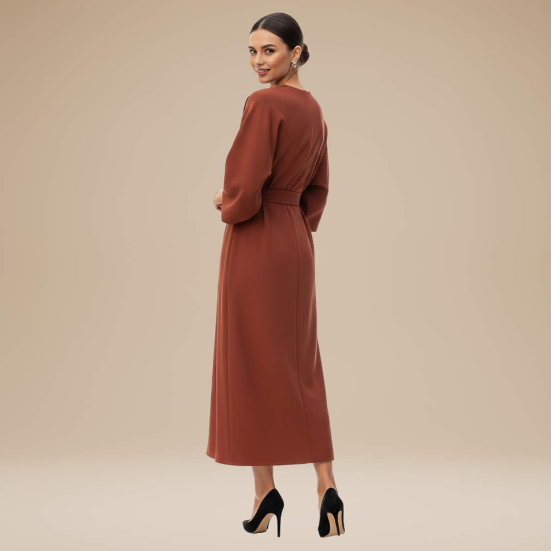 Women's Belted Wrap Midi Dress – Wide Flowing Sleeves Draped Waist