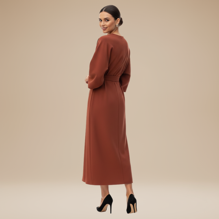 Women's Belted Wrap Midi Dress – Wide Flowing Sleeves Draped Waist