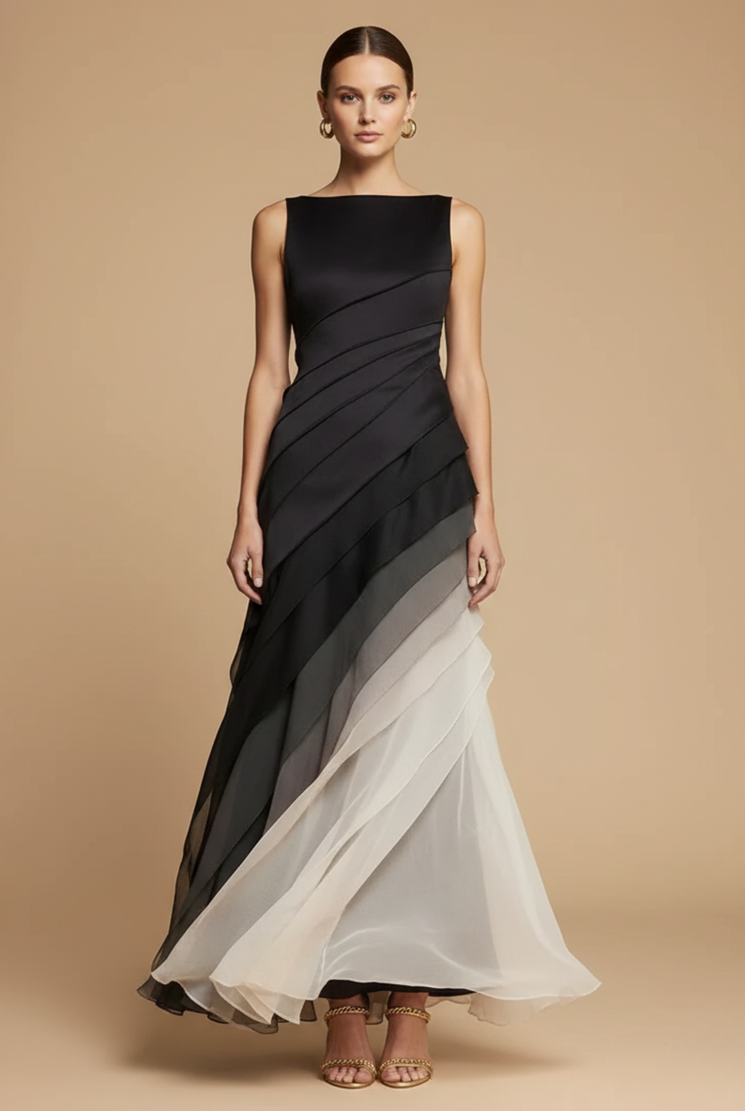 Women's Chiffon Maxi Dress Tiered Asymmetric Skirt – Boat Neckline