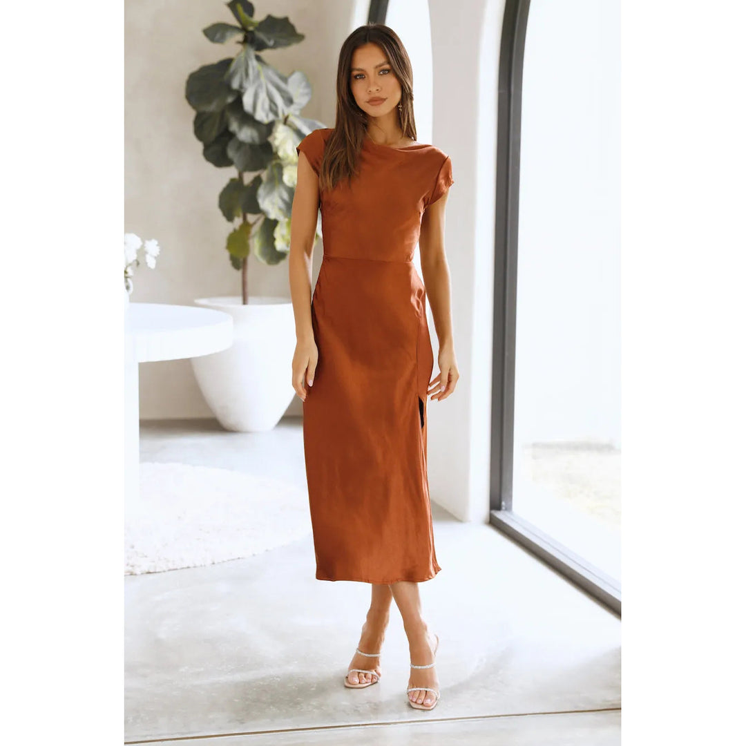Women's Cap Sleeve Midi Dress – Boat Neck Twist-Back Cutout