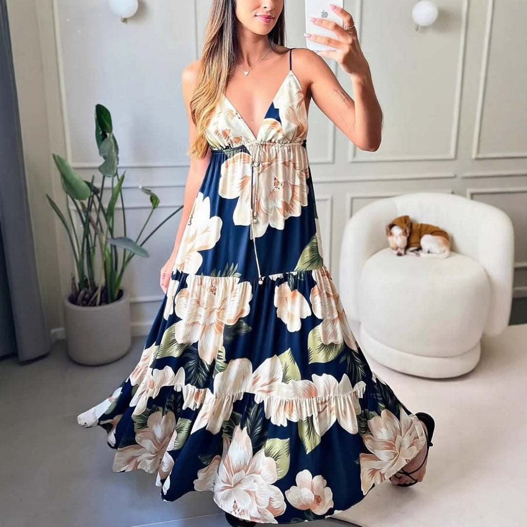 Maternity Maxi Dress – Floral V-Neck Open Back Empire Waist