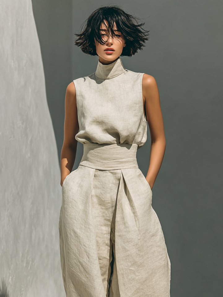 Women's Two Piece Set – Sleeveless Wide-Leg Relaxed Tailored