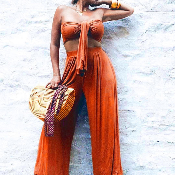 Two Piece Set Women – Strapless Pure Color Top & Pants Suit
