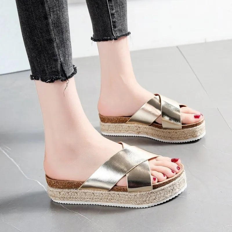 Platform Sandals for Women – Cross-Strap Rope-Wrapped Sole
