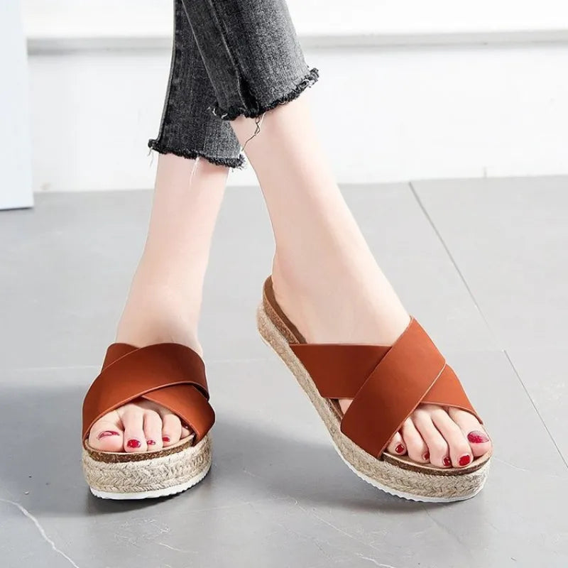 Platform Sandals for Women – Cross-Strap Rope-Wrapped Sole