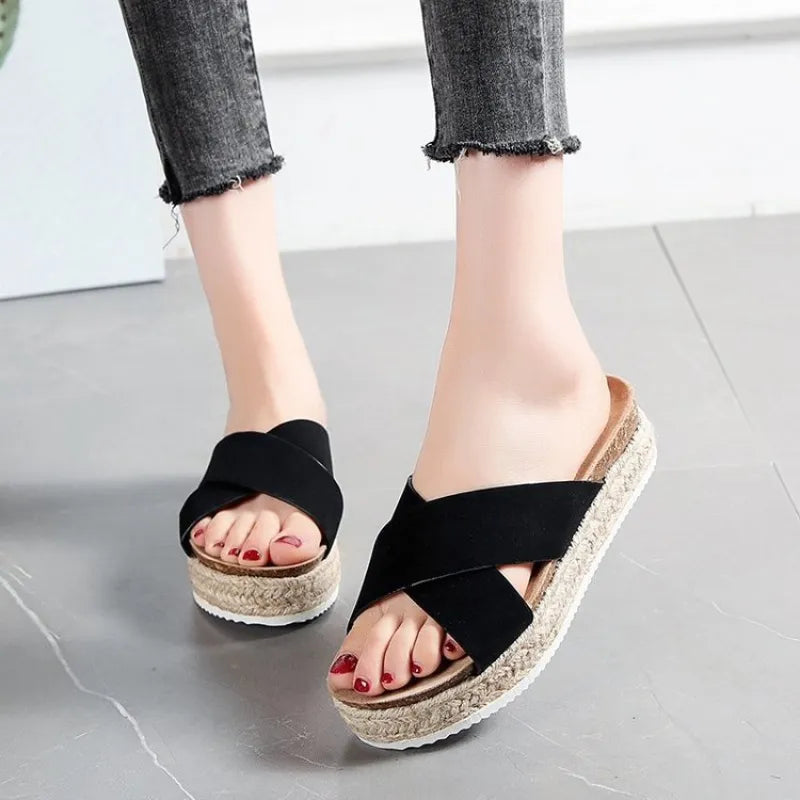 Platform Sandals for Women – Cross-Strap Rope-Wrapped Sole