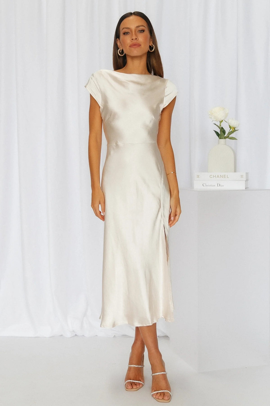 Women's Cap Sleeve Midi Dress – Boat Neck Twist-Back Cutout