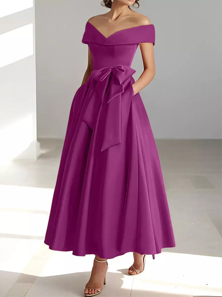 Mother of the Bride Dress Satin A-Line – Off-Shoulder Ankle Pockets
