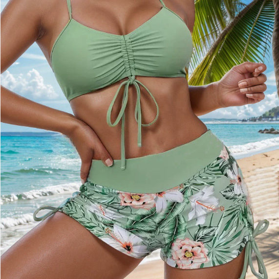 Women's Bikini Set – High-Waist Shorts & Tie-Front Top