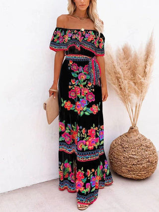 Floral Maxi Dress Off-Shoulder Belted – Boho Vacation Sweeping Hem