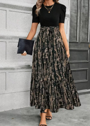 Floral Print Maxi Dress Woven – Round Neck Exotic Vacation Style
