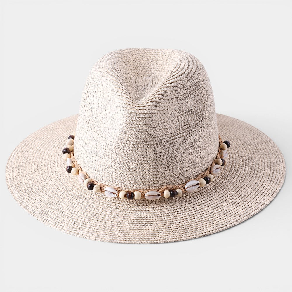 Women's Wide Brim Sun Hat – Shell & Wooden Bead Detail