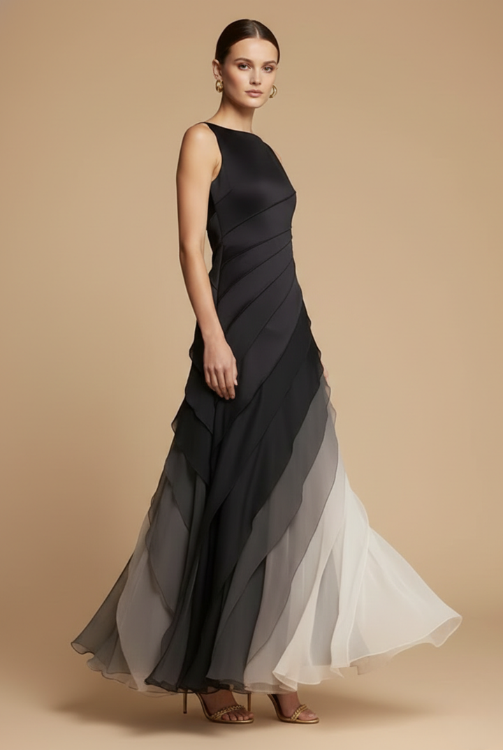 Women's Chiffon Maxi Dress Tiered Asymmetric Skirt – Boat Neckline