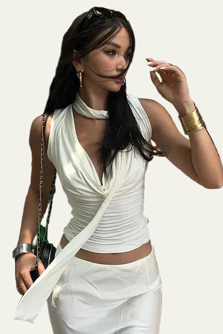 Scarf Neckline Sleeveless Blouse – Ruched Side Fitted Top for Women