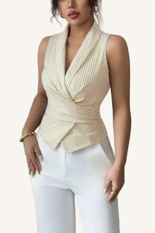 Women's Sleeveless Wrap Blouse – Striped Shawl Collar & Tie Waist