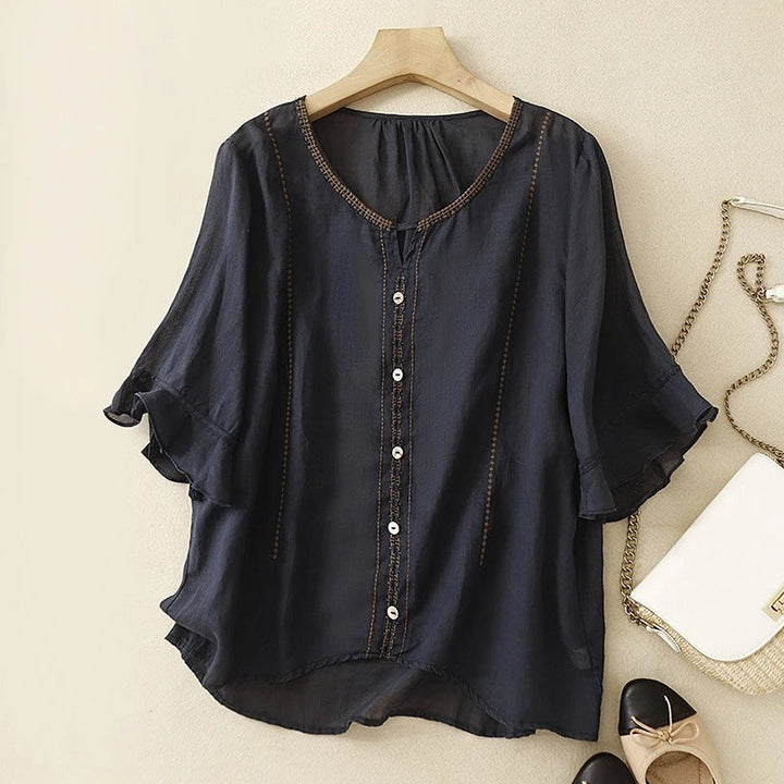 Embroidered Loose-Fit Women's Blouse – Split Neckline Ruffle Cuffs