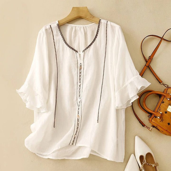 Embroidered Loose-Fit Women's Blouse – Split Neckline Ruffle Cuffs
