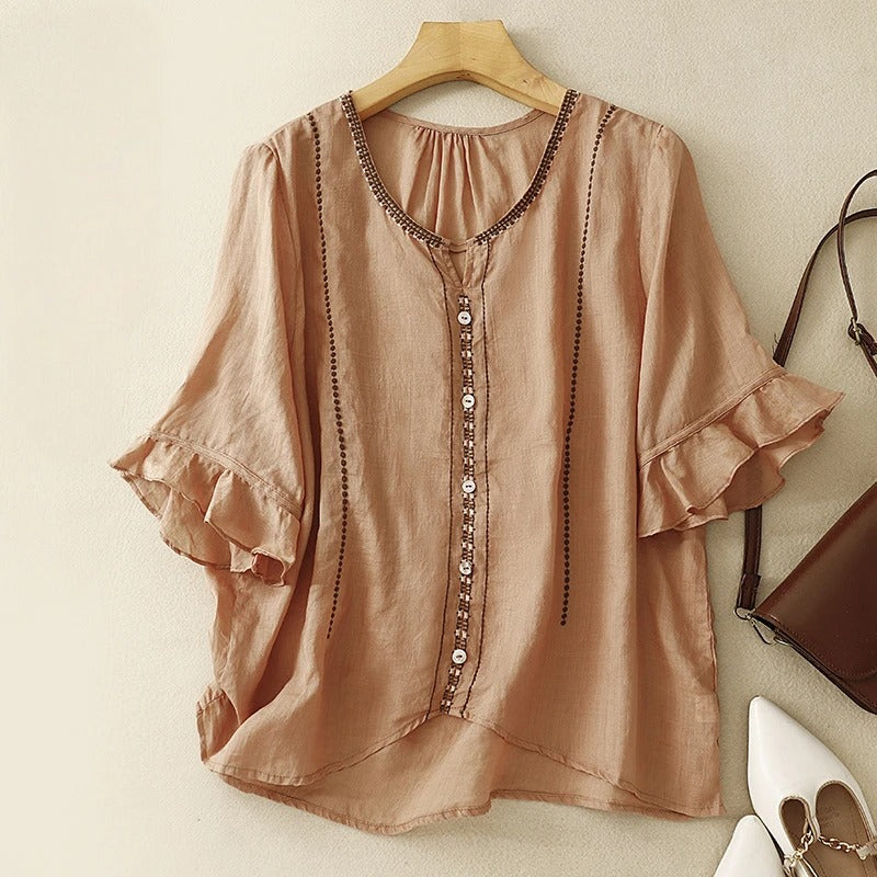 Embroidered Loose-Fit Women's Blouse – Split Neckline Ruffle Cuffs